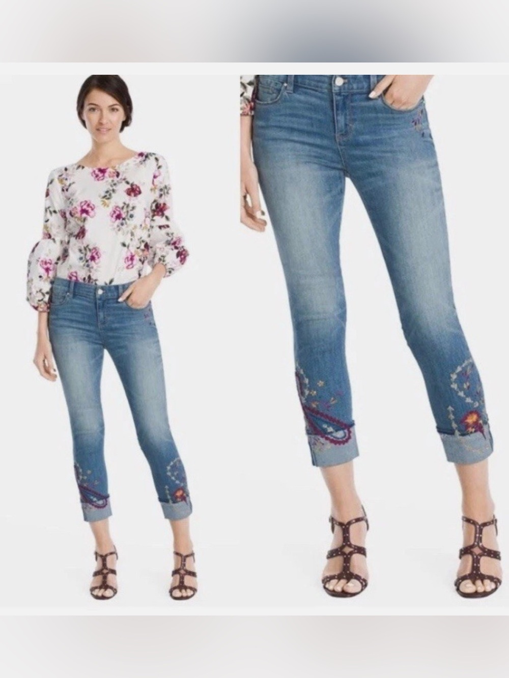 Floral White House Black Market Womens 8L Cuffed Embroidered Slim Crop